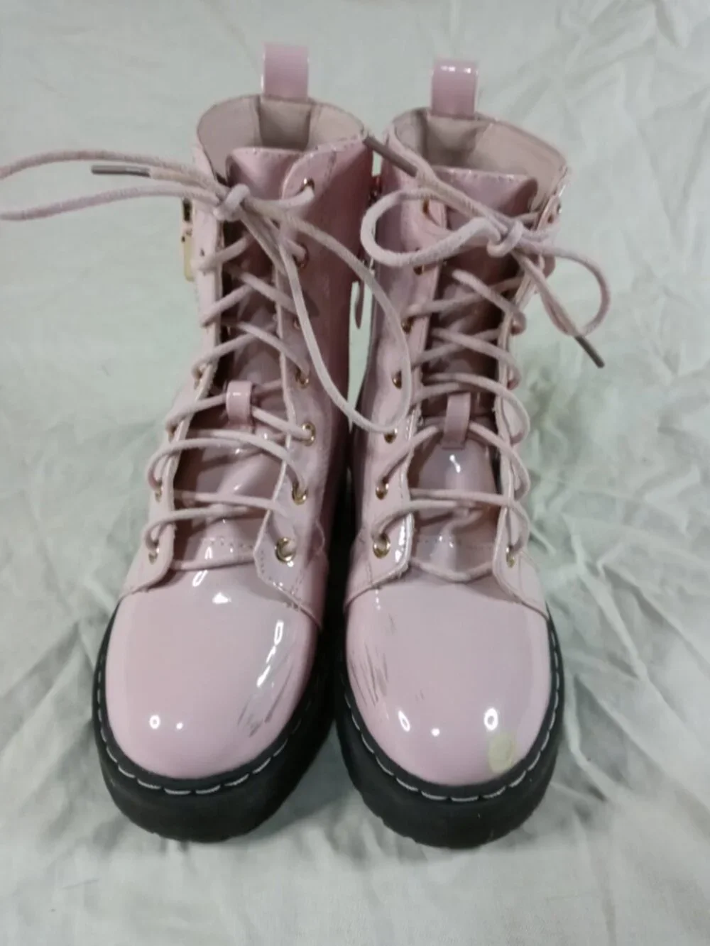 Shein Cute Pink Black Girls Lace & Zip Up Combat Style Boots Size 1 in Good Cond